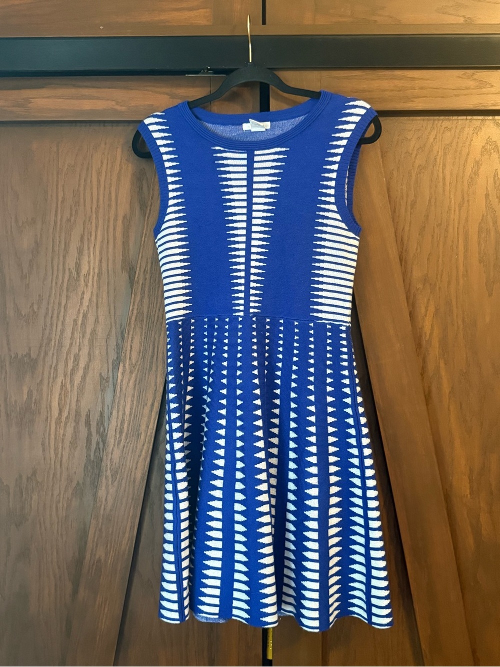 Esley Blue & White Geometric Knit Fit & Flare Dress Size Medium Anthropologie